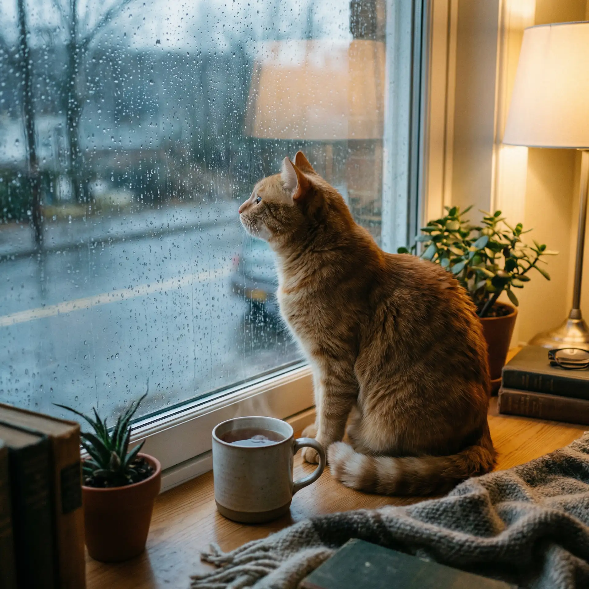 猫咪望着窗外的雨 - 一坛好酒